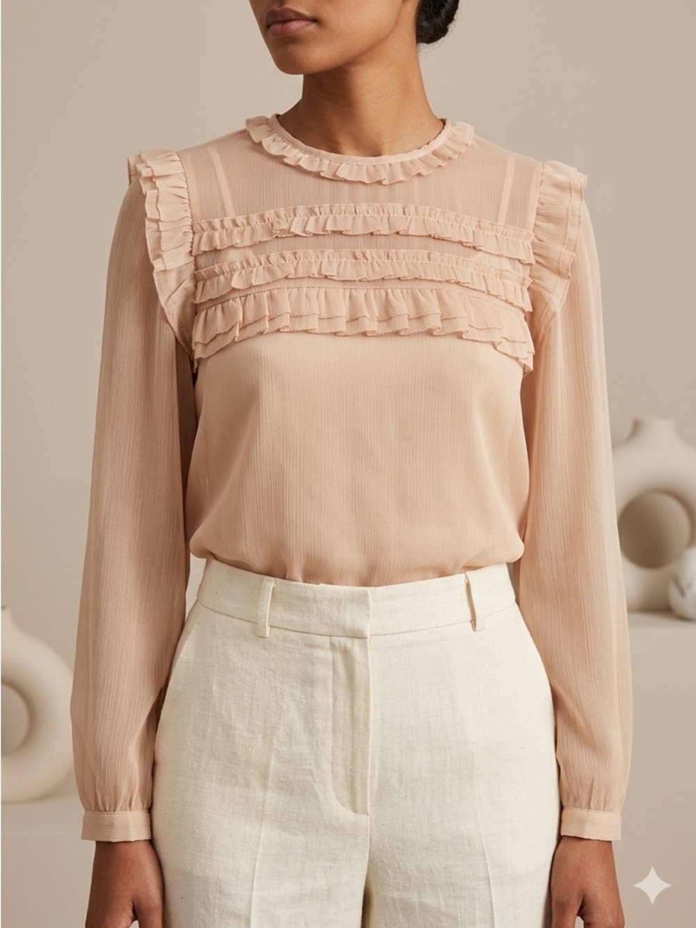 H&M Sheer Ruffle Blouse - Nude Chiffon - US 4 - EUC